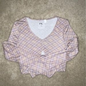 Long Sleeve Pink Plaid Crop Top